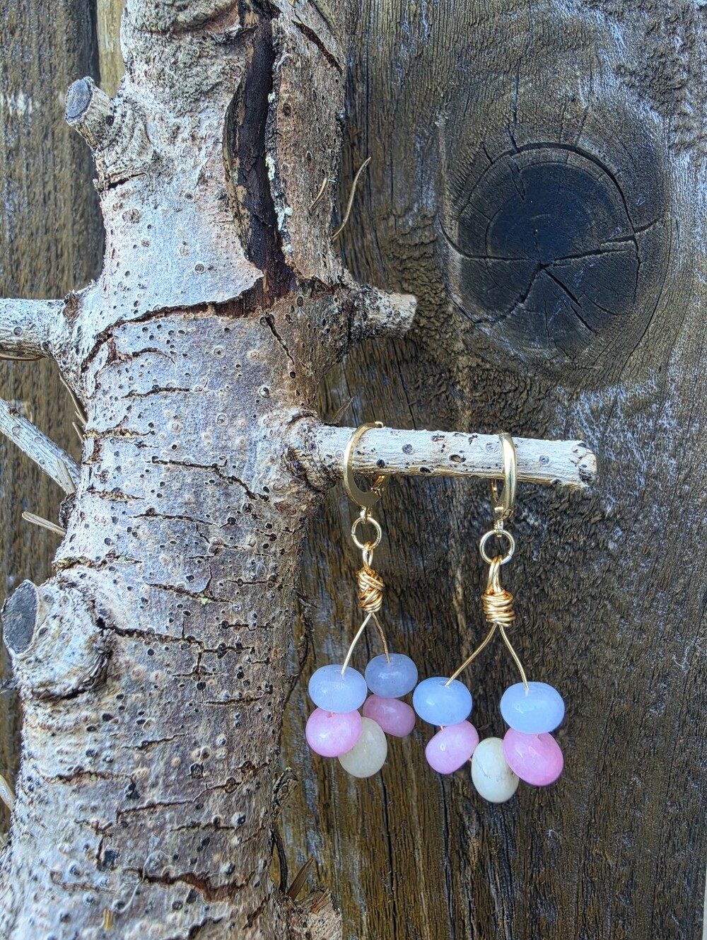 Pastel Jade Wire Wrapped Dangle Earrings Gold Stainless Steel